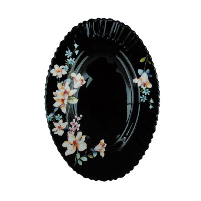 Platou Oval Negru cu Model Floral ALB