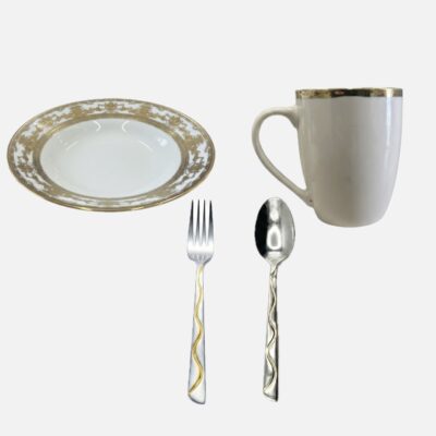 Set Farfurie adâncă ceramica 20cm + Cana ceramica 300ml + Furculita/Lingură Auriu