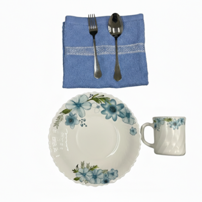 Pachet pomana Model Floral albastru 6 Farfurii+6 Cani+6 Linguri/Furculite & 6 Prosoape