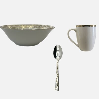 Set Bol ceramica 17,5/5,5cm + Cana ceramica 300ml + Lingură Auriu