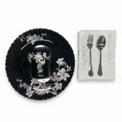 Pachet pomana model floral Alb-Roz 6 Farfurii intinse+6 Cani+6 Linguri/Furculite & 6 Prosoape